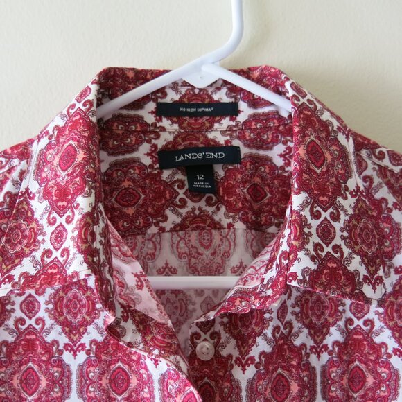 Lands End Women's Supima Red White Damask Button Down 3/4 Sleeves Size 12 NWOT - Picture 3 of 10